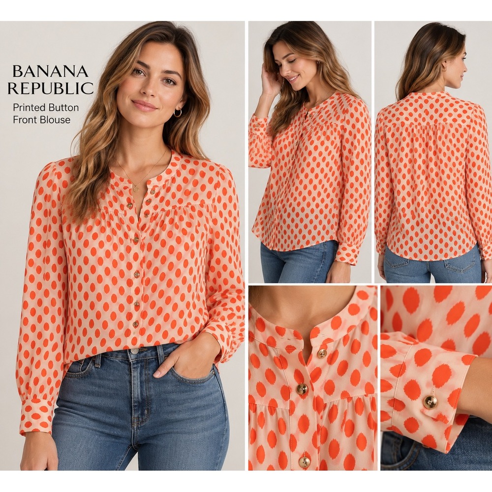 Banana Republic Coral Polka Dot Button Down Blouse Band Collar Small